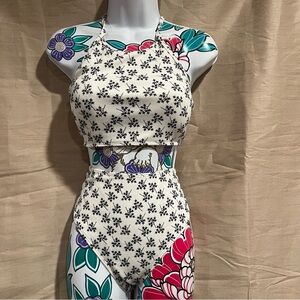 Zaful White Blue Flower Print Bathing Suit With High Rise Bottoms